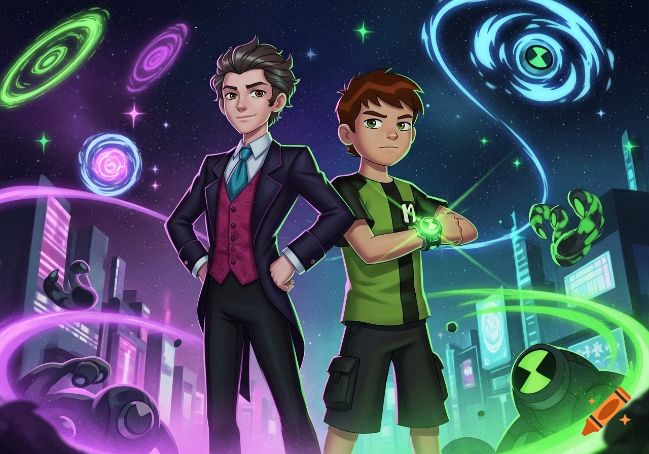 Two animated characters, one in a suit and one in a green shirt with a number 10, stand in a futuristic city under a starry sky with glowing energy spirals and symbols.