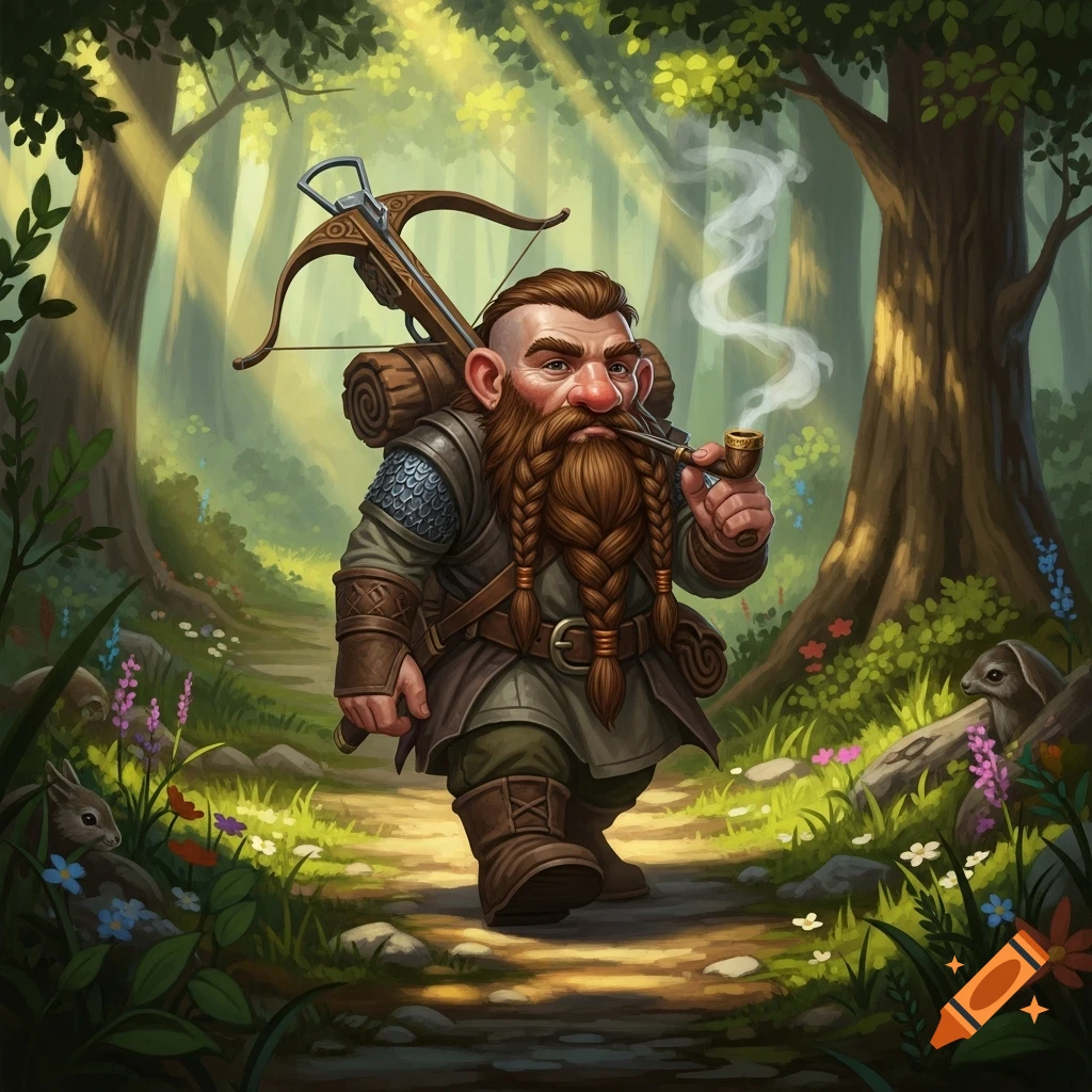 A fantasy illustration of a bearded dwarf with a braided beard, carrying a crossbow, walking along a sunlit forest path and smoking a pipe.