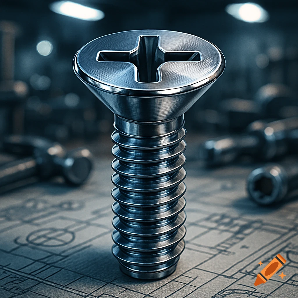 A detailed close-up of a metallic flat head Phillips machine screw standing upright on a blurred blueprint.