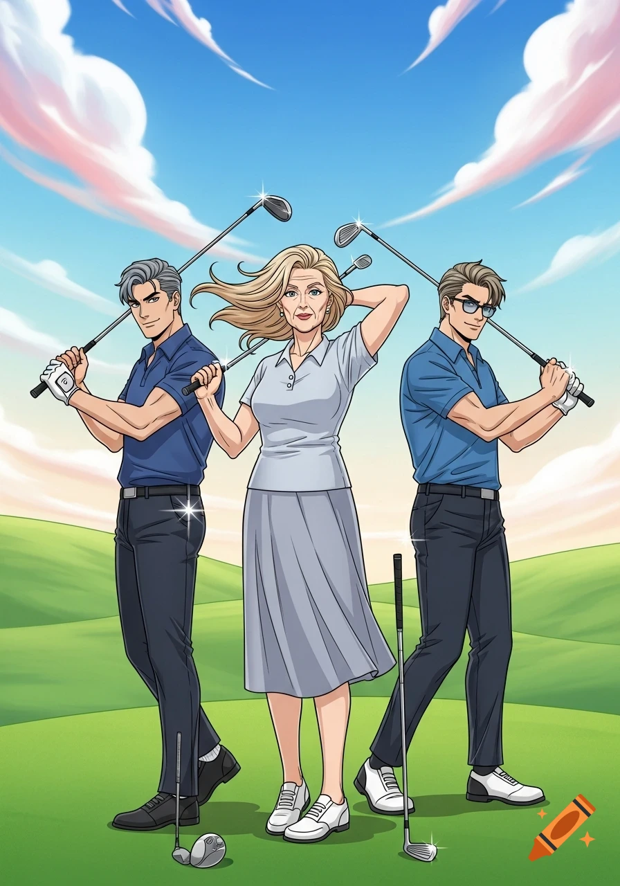 Comic illustration of three golfers, two men and one older woman, holding clubs on a sunny golf course.