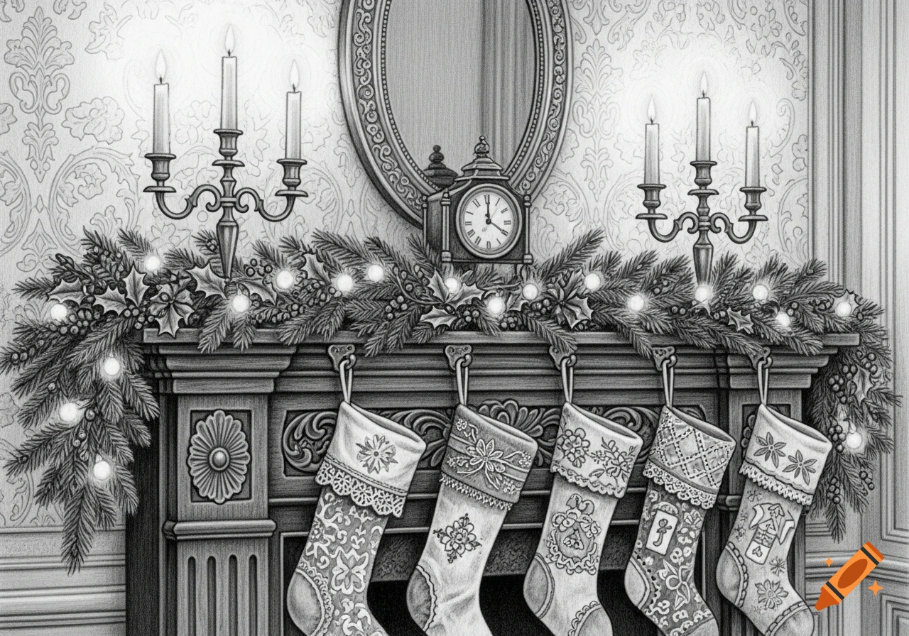 Detailed pencil drawing of a Victorian fireplace mantelpiece decorated for Christmas Eve with garland, candles, a clock, and five stockings.