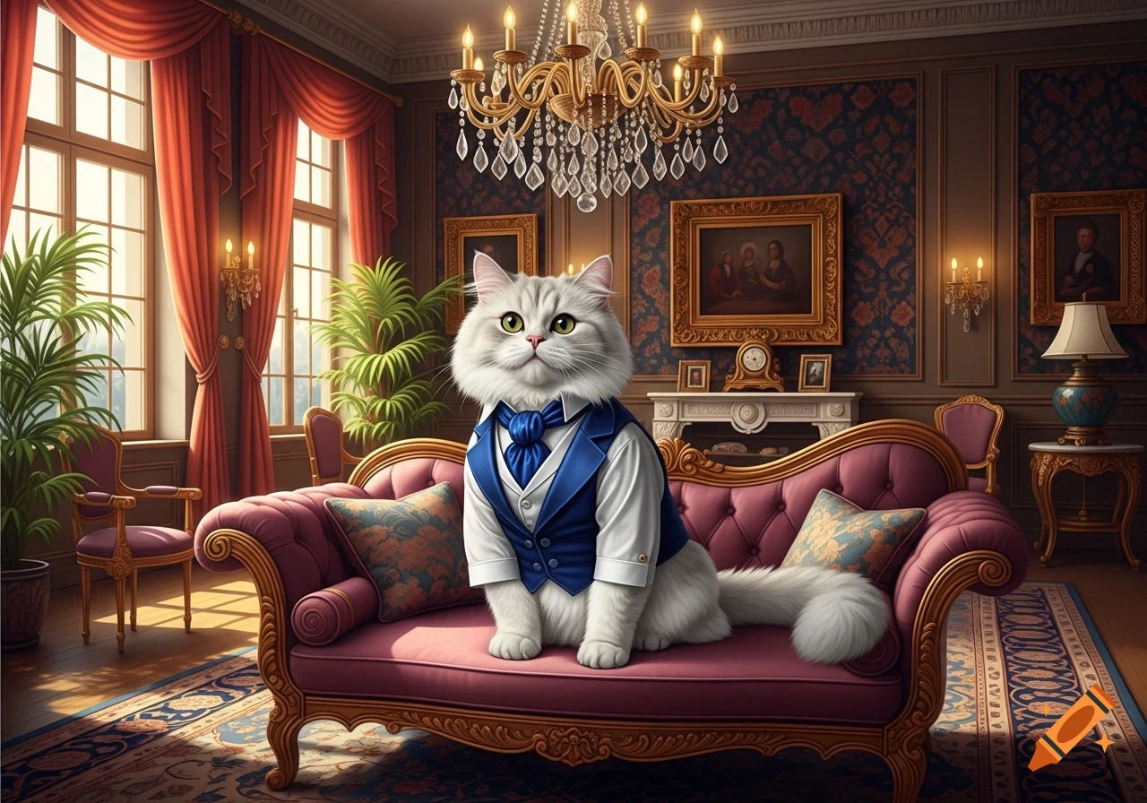 A fluffy grey cat in a blue suit and bow tie sits on a magenta tufted sofa in a luxurious room with ornate furniture and large windows.