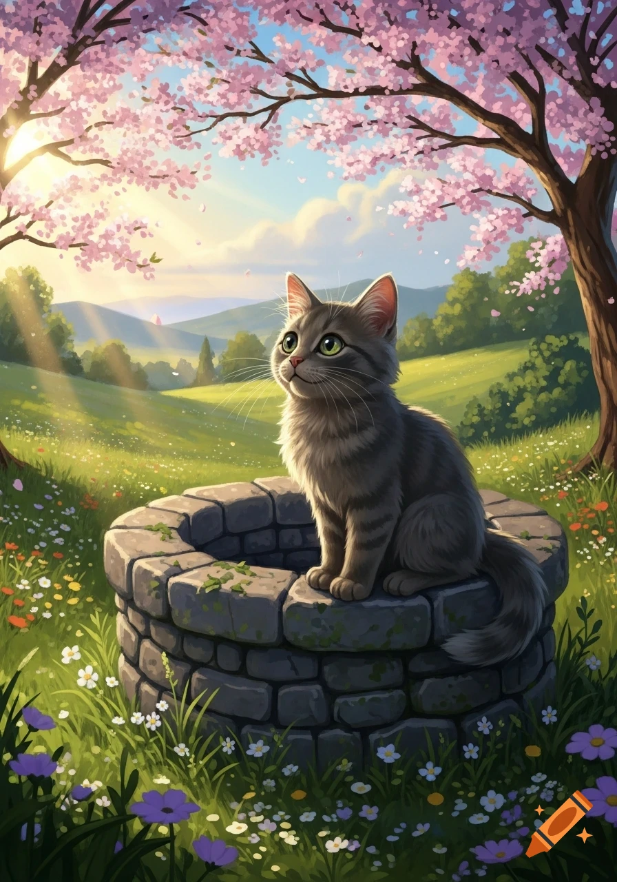 A cute grey tabby cat sits on a stone well in a vibrant spring landscape with pink cherry blossoms and wildflowers. Digital art.