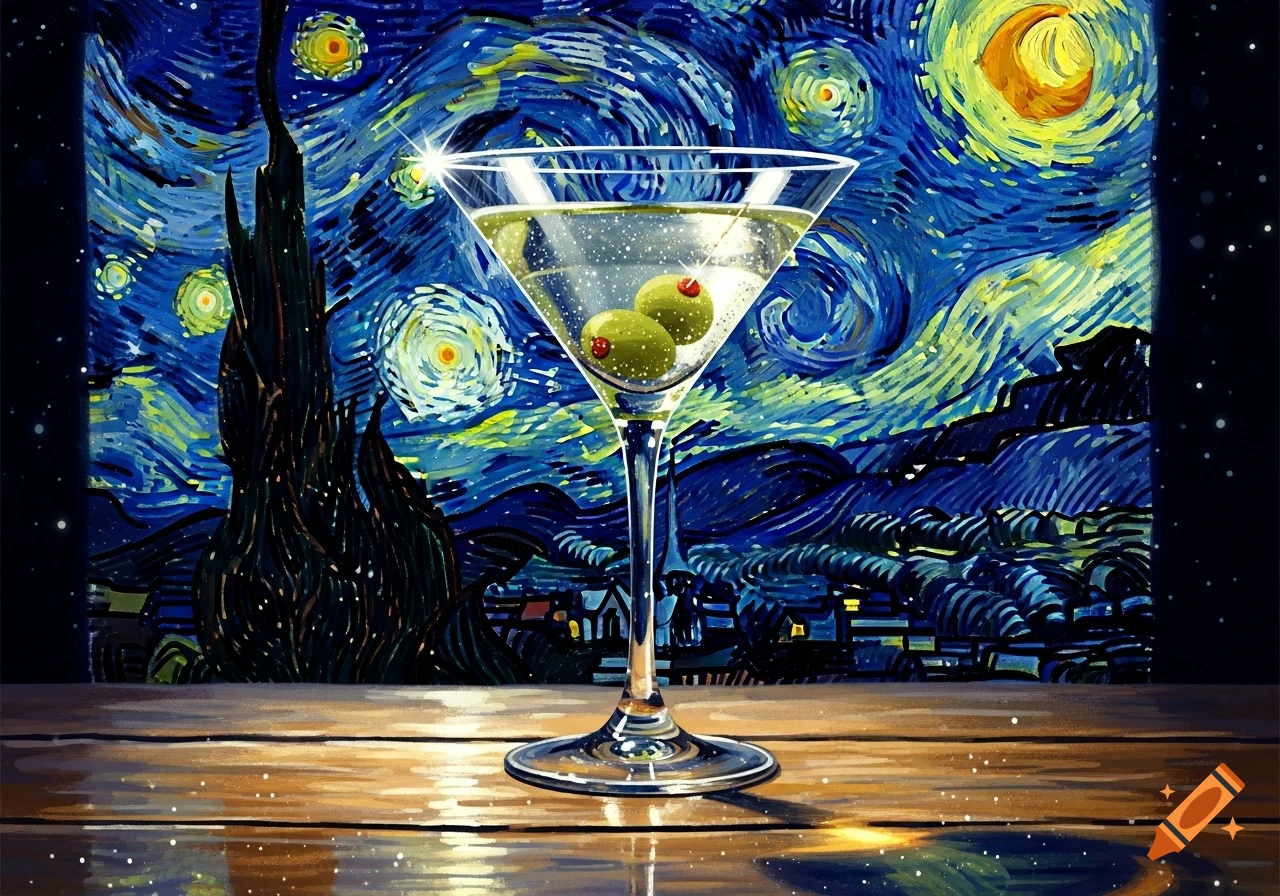 A martini glass with two olives sits on a wooden surface, set against a vibrant, swirling night sky in the style of Van Gogh's Starry Night.