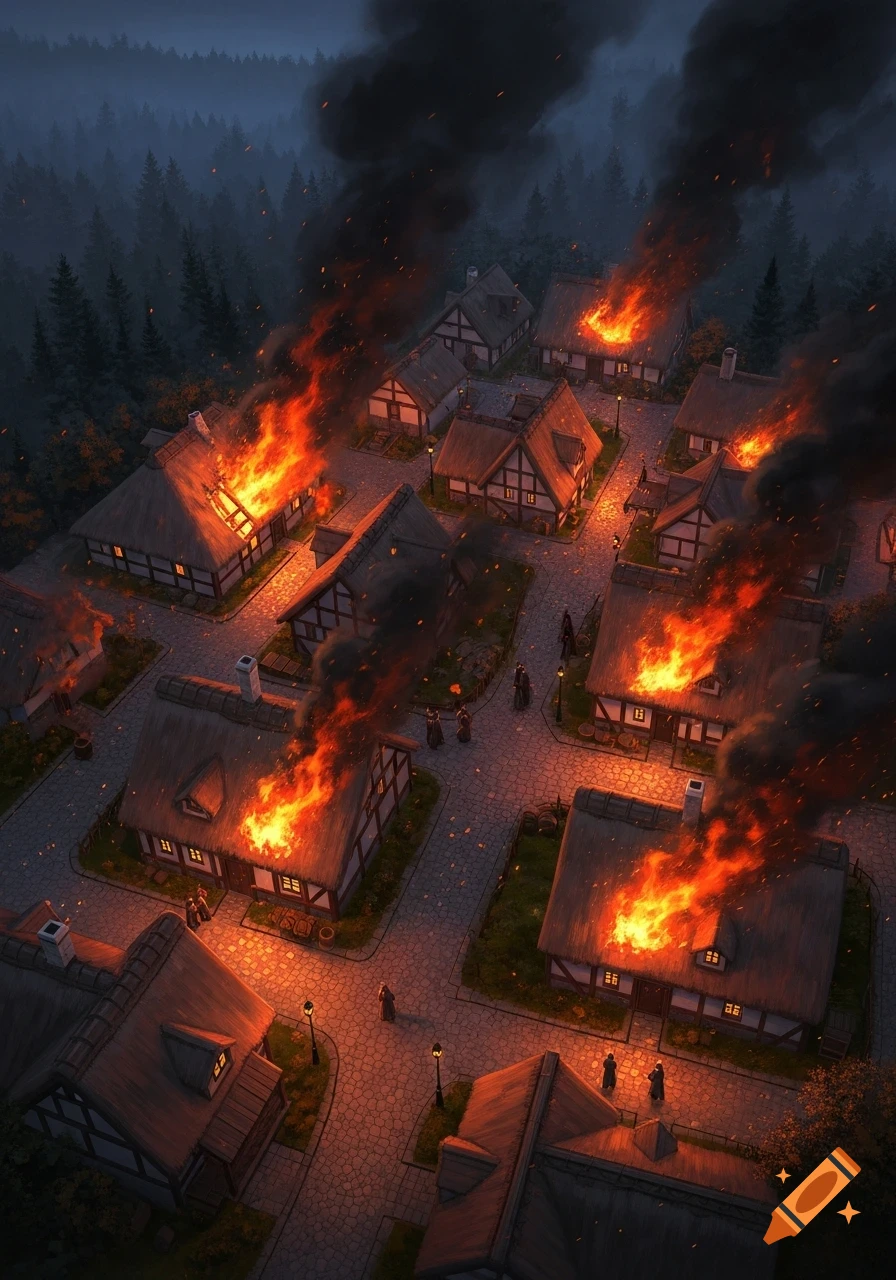 An aerial view of a medieval-style village with multiple buildings engulfed in intense flames and thick black smoke at dusk.
