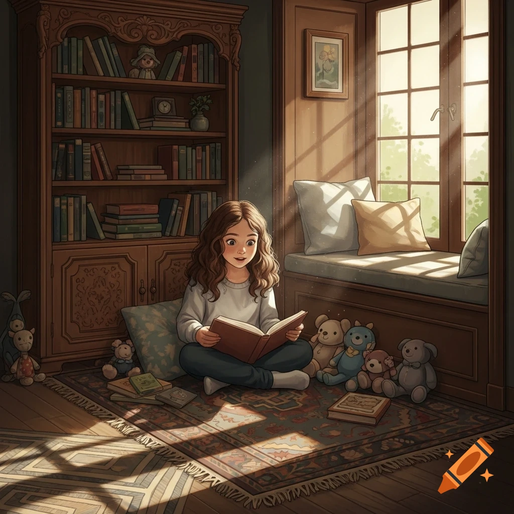 A little girl with curly brown hair sits on a rug, reading a book in a sunlit room with a large bookshelf.