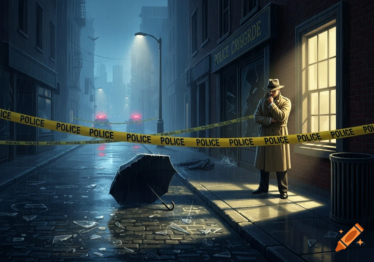 A detective in a trench coat stands at a rainy urban crime scene marked by police tape and shattered glass, with police cars in the background.