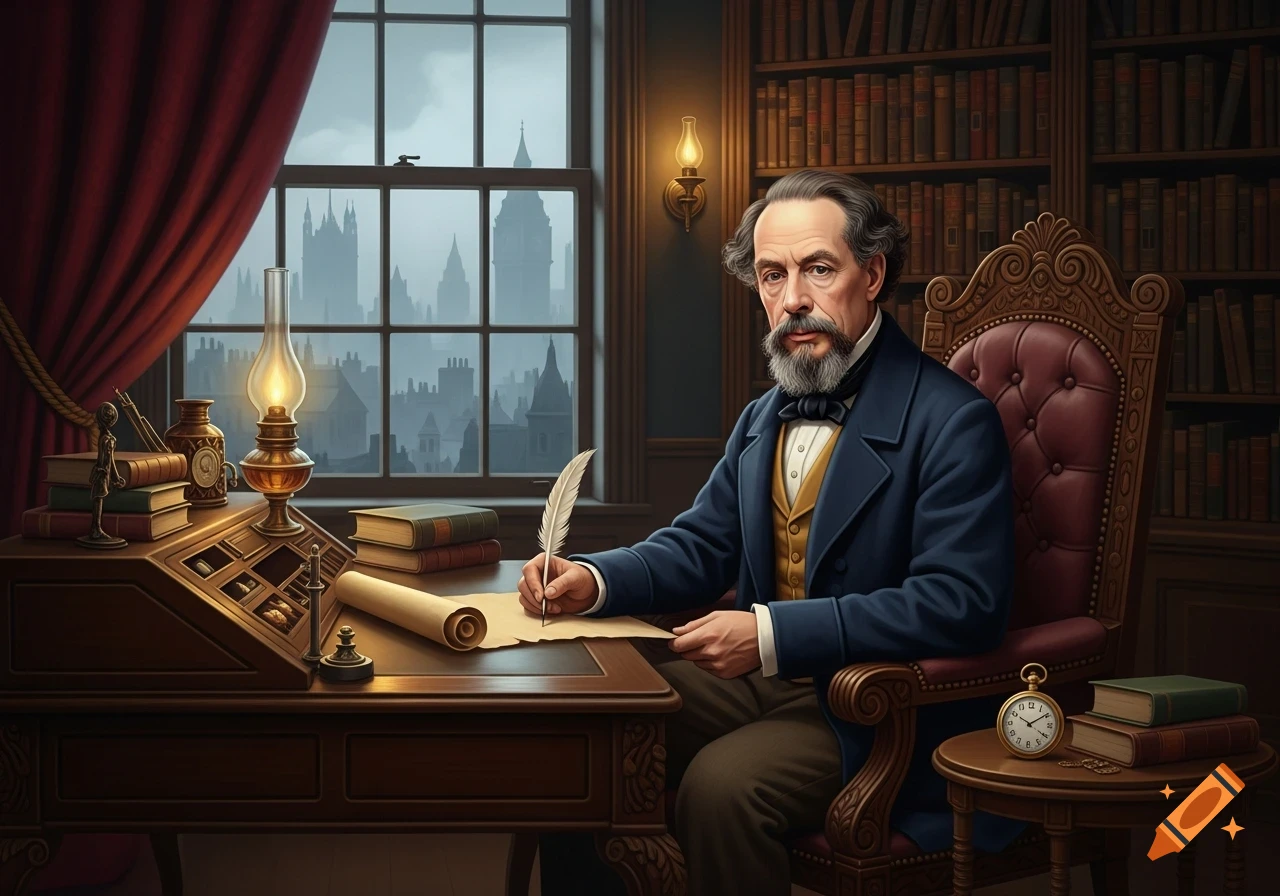 A man resembling Charles Dickens writes with a quill at a wooden desk, surrounded by books in a study with a window overlooking a city.