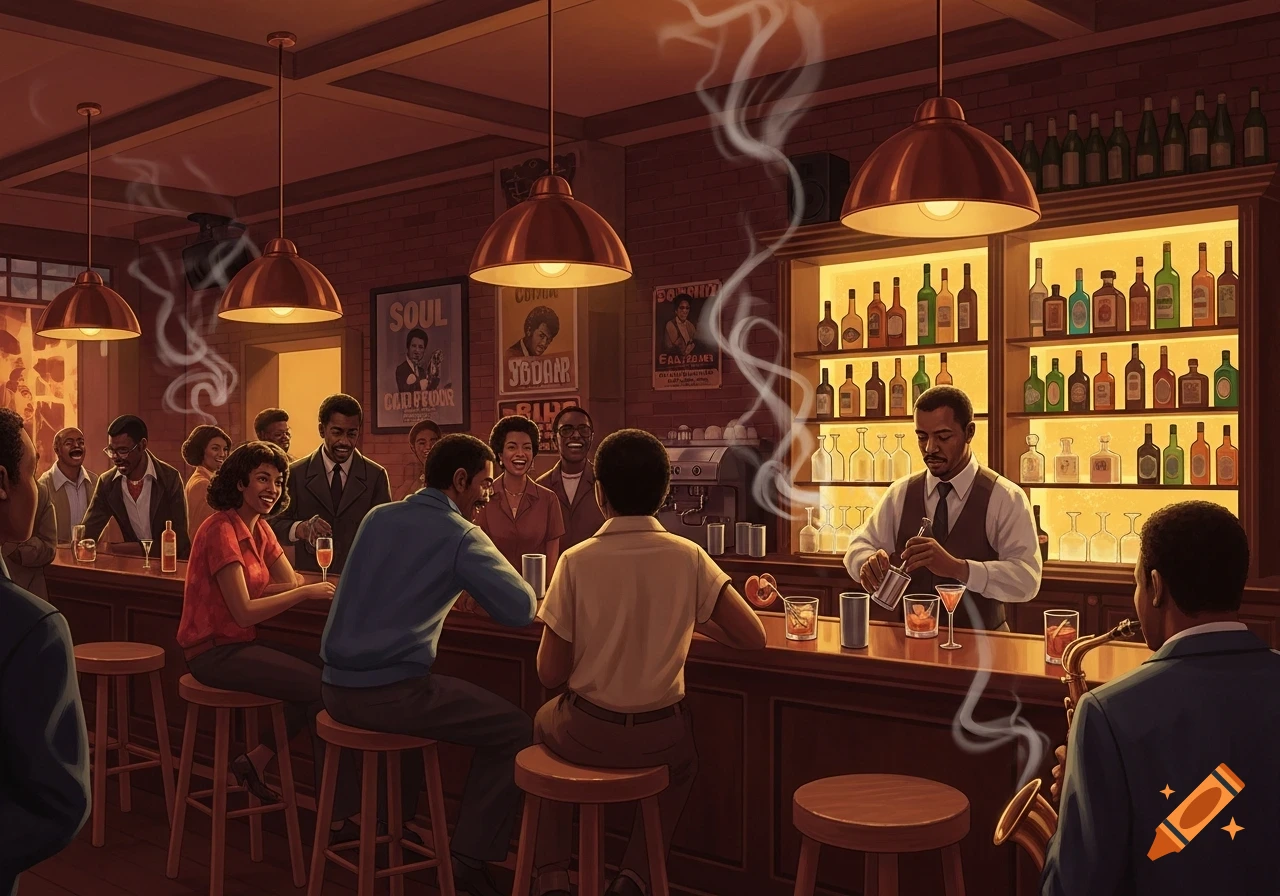 An illustration of a lively 1975 Harlem bar with people chatting and drinking, a bartender mixing drinks, and a saxophonist.