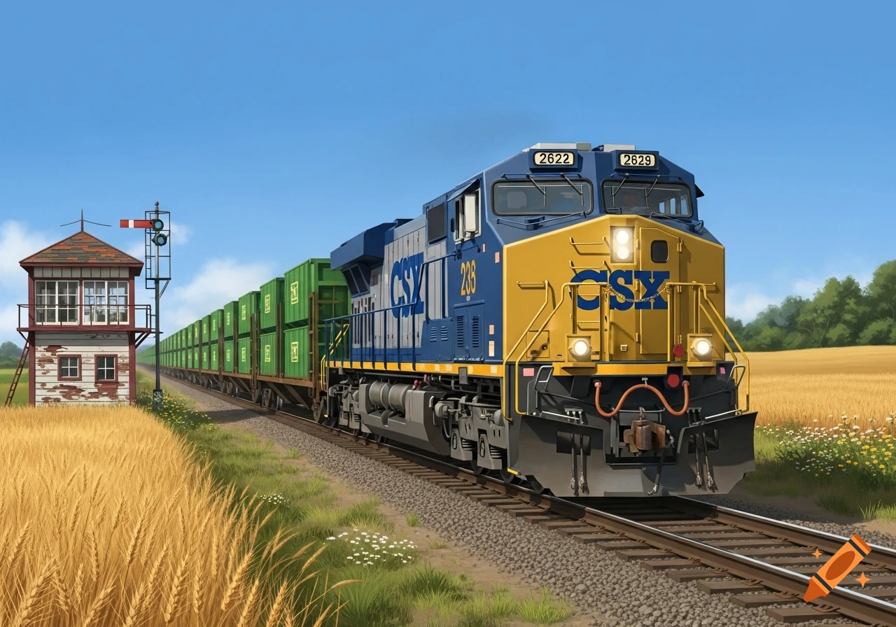 A blue and yellow CSX locomotive pulling green container flatcars through golden wheat fields past a signal tower.