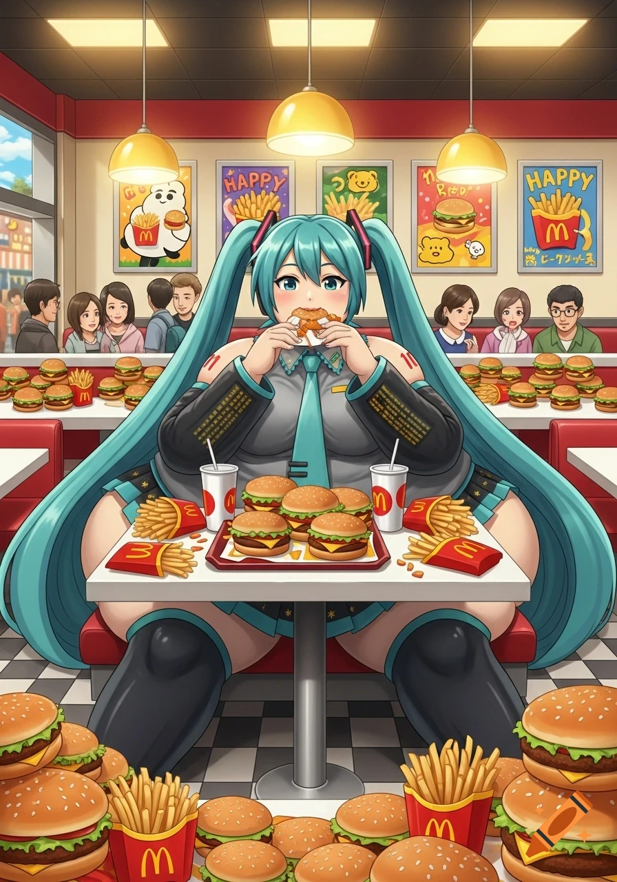 An obese Hatsune Miku eating multiple hamburgers and fries at a McDonald's-like restaurant, surrounded by piles of food on and around her table. The art style is anime.