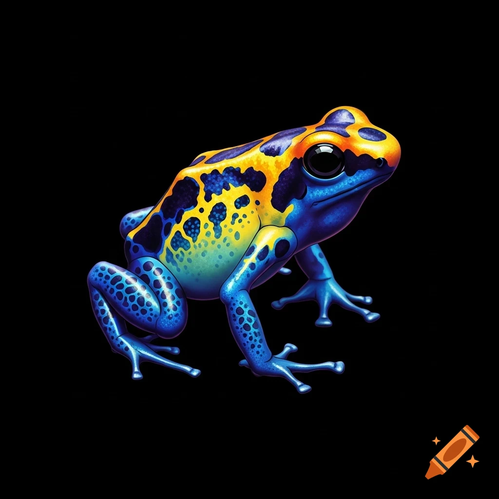 A vibrant blue and yellow poison dart frog with black spots sits on a plain black background.