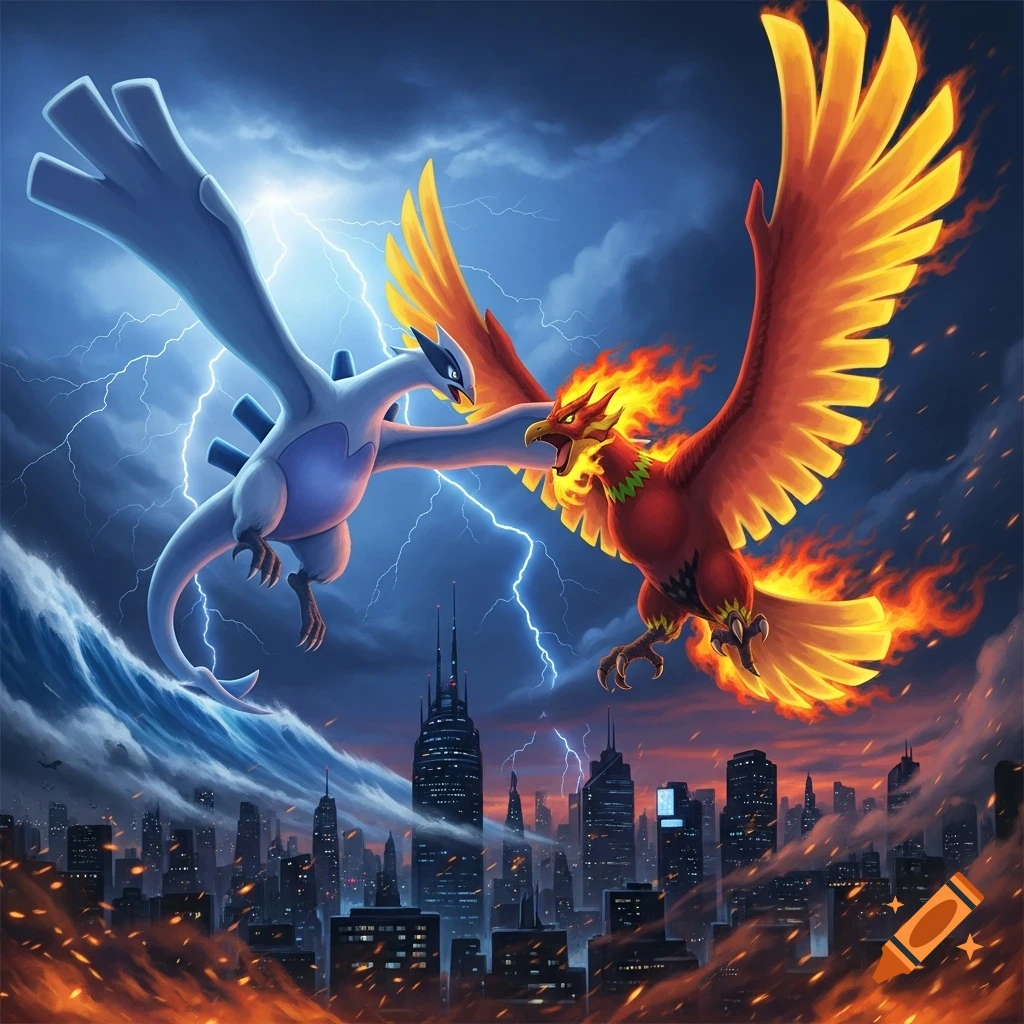 Lugia, a blue and white kaiju, clashes with Ho-Oh, a red and orange firebird, over a stormy city with fire and lightning.