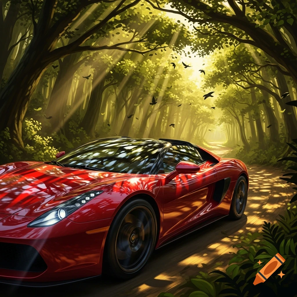 A red sports car drives on a dirt path through a sunlit, leafy forest, digitally illustrated.
