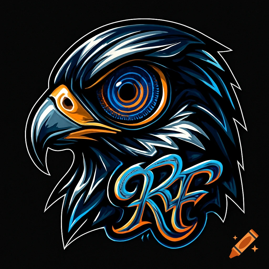 Stylized peregrine falcon head logo with a blue and orange eye, white outline, and 'RF' text in blue and orange.