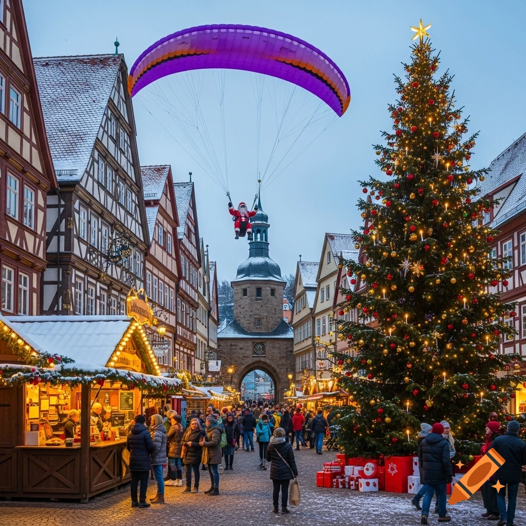 Santa Claus paragliding over a snowy European Christmas market at dusk, with half-timbered houses and a decorated tree.