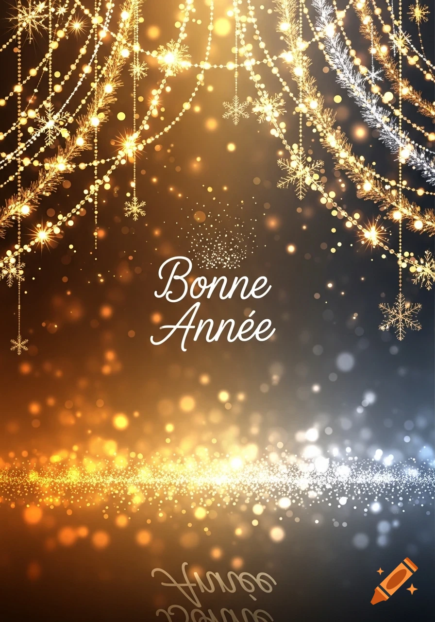 Golden and white festive lights with snowflakes and 'Bonne Année' text, celebrating New Year.