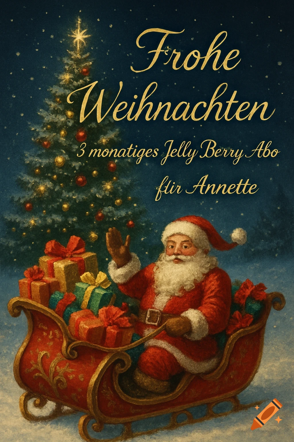Vintage illustration of Santa Claus in a sleigh with gifts, a decorated Christmas tree, and falling snow. Text 'Frohe Weihnachten, 3 monatiges Jelly Berry Abo flir Annette'.
