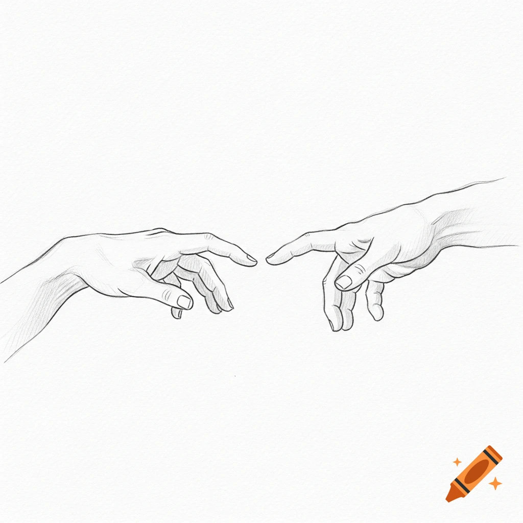 A black and white pencil sketch showing two hands reaching out to touch fingertips against a white background.