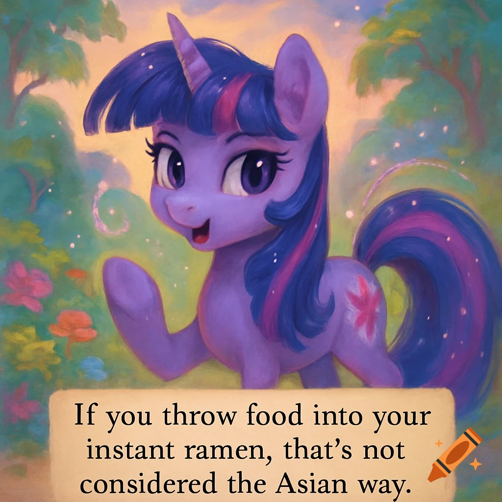 Twilight Sparkle, a purple unicorn pony, smiles in a painted flowery landscape with text that says 'If you throw food into your instant ramen, that’s not considered the Asian way.'
