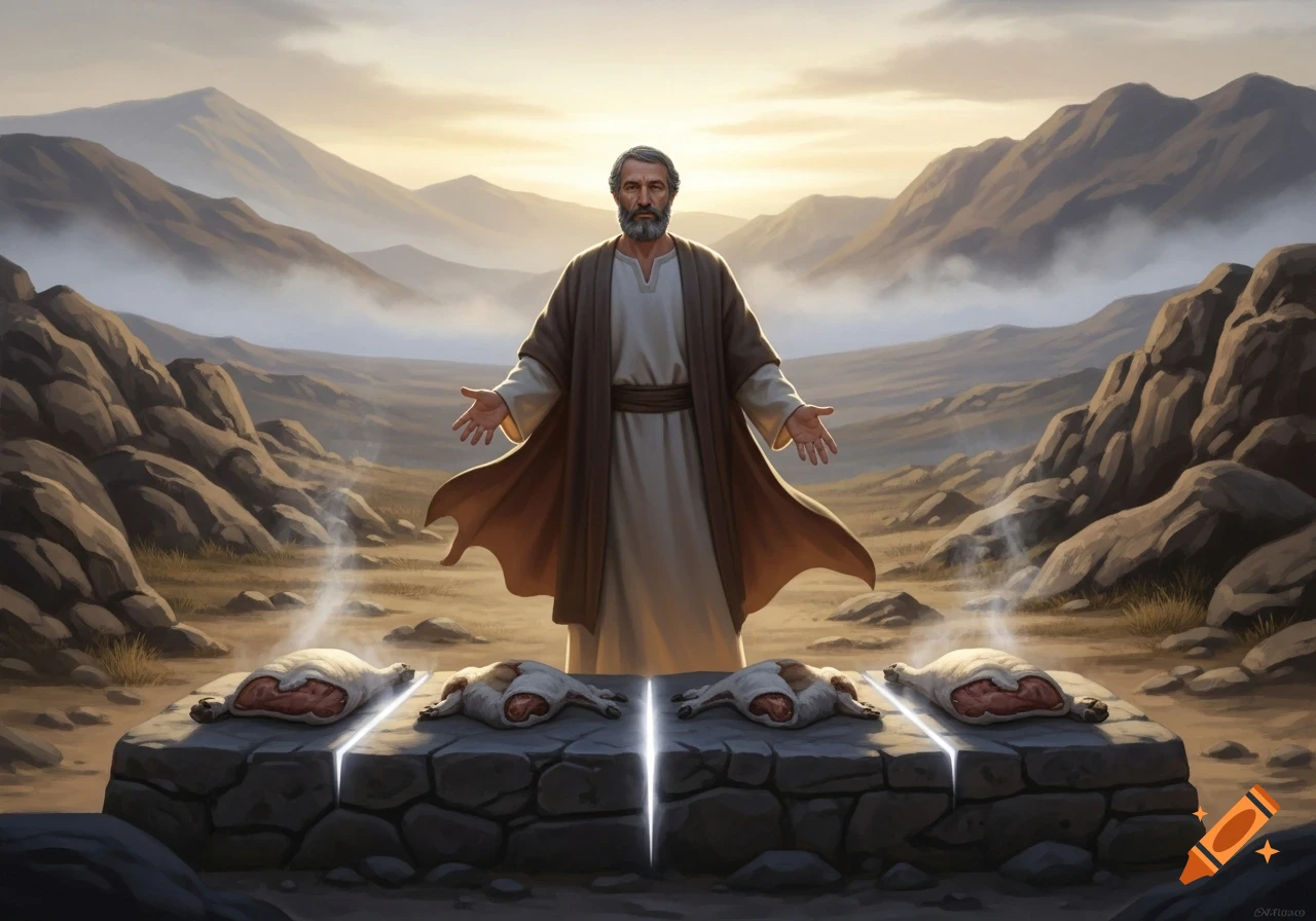 A bearded man in robes stands with outstretched hands over split animal sacrifices on a glowing altar in a desert mountain landscape.