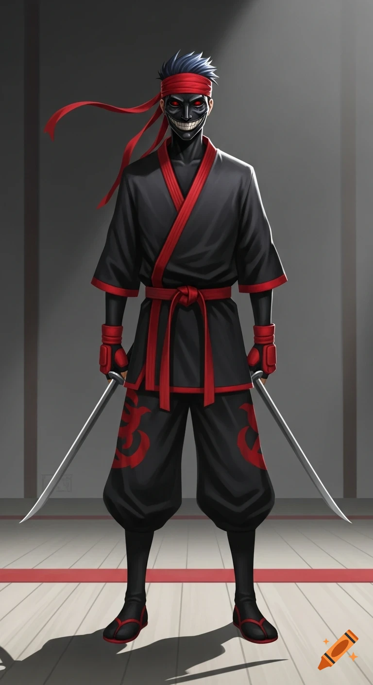 Anime illustration of a man in a black and red martial arts gi, red bandana, and a black smiling mask, holding two katanas.