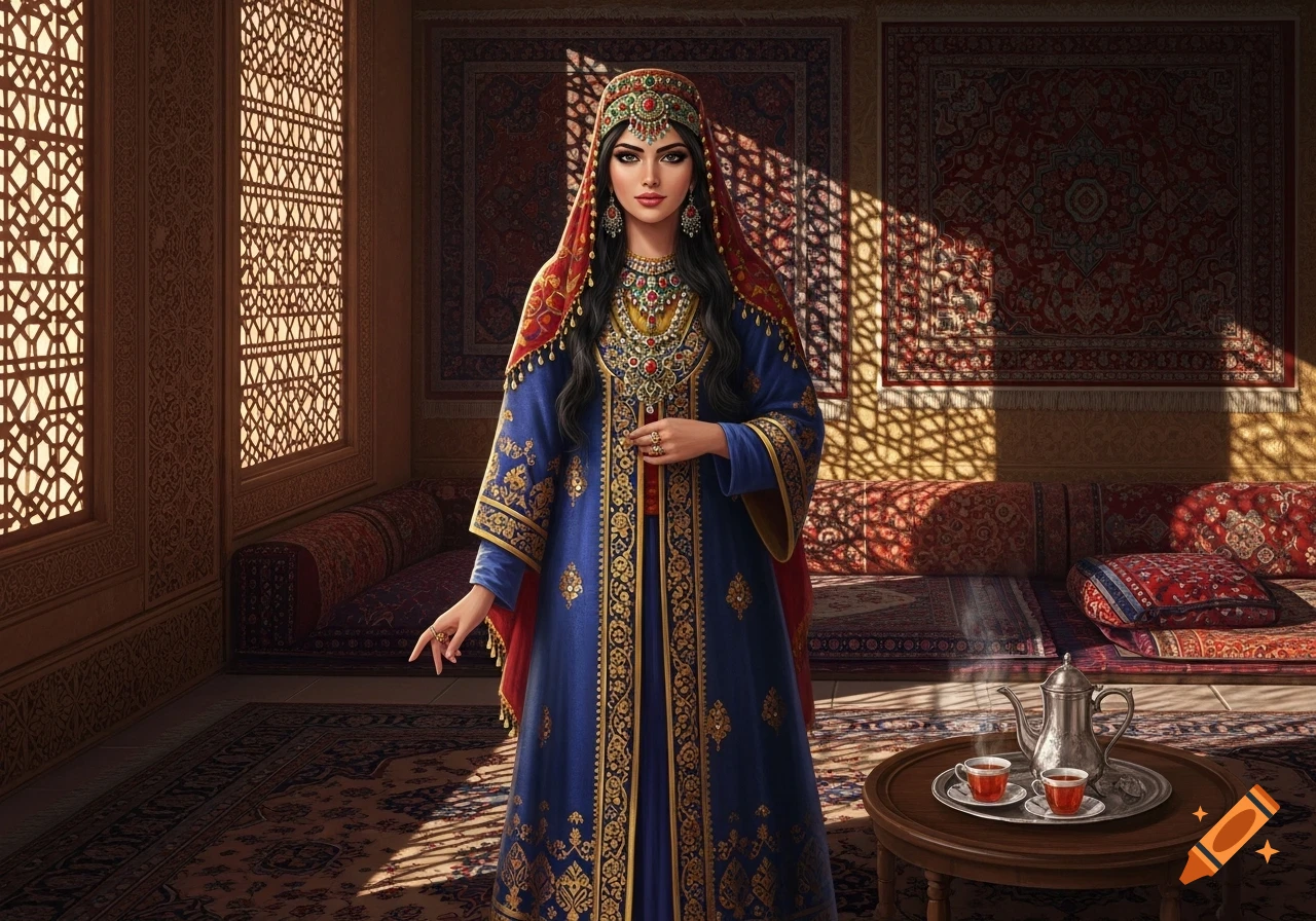 A traditional Persian woman in an ornate blue and gold dress stands in a richly decorated room, sunlight streaming through patterned windows.