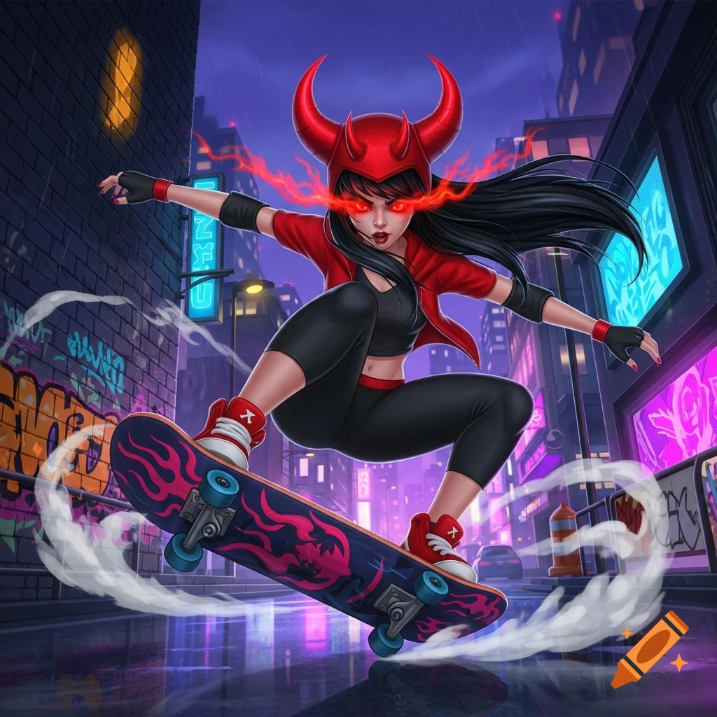 A stylized illustration of a devil girl with horns and glowing red eyes skateboarding in a neon-lit, rainy city street at night.