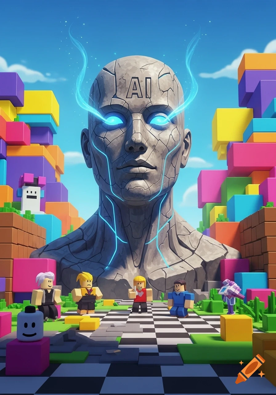 A giant cracked stone head with glowing blue eyes and 'AI' on its forehead overlooks blocky Roblox-style characters on a checkerboard ground surrounded by colorful blocks.