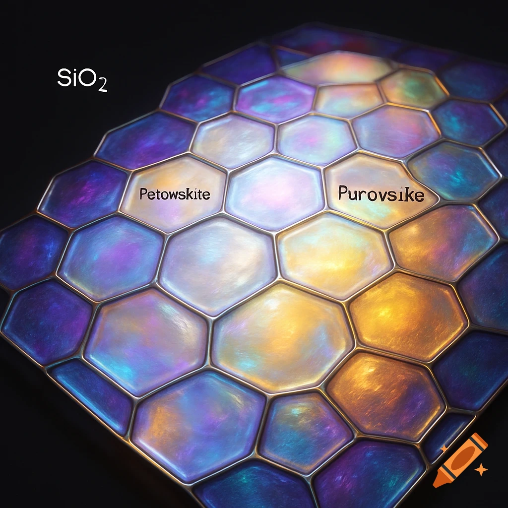 Close-up of iridescent hexagonal patterns with purple, blue, gold, and white hues, labeled SiO2, Petowskite, and Purovsike.