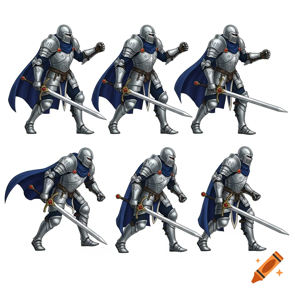 Six animated frames of a medieval knight in shining armor with a blue cape and sword, holding a sword.