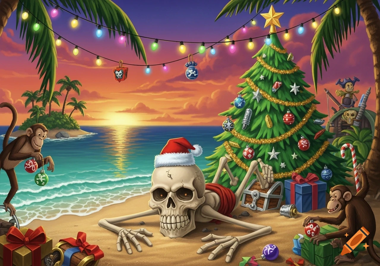 A cartoon skeleton in a Santa hat lies on a tropical beach at sunset, surrounded by monkeys decorating a Christmas tree and gifts.