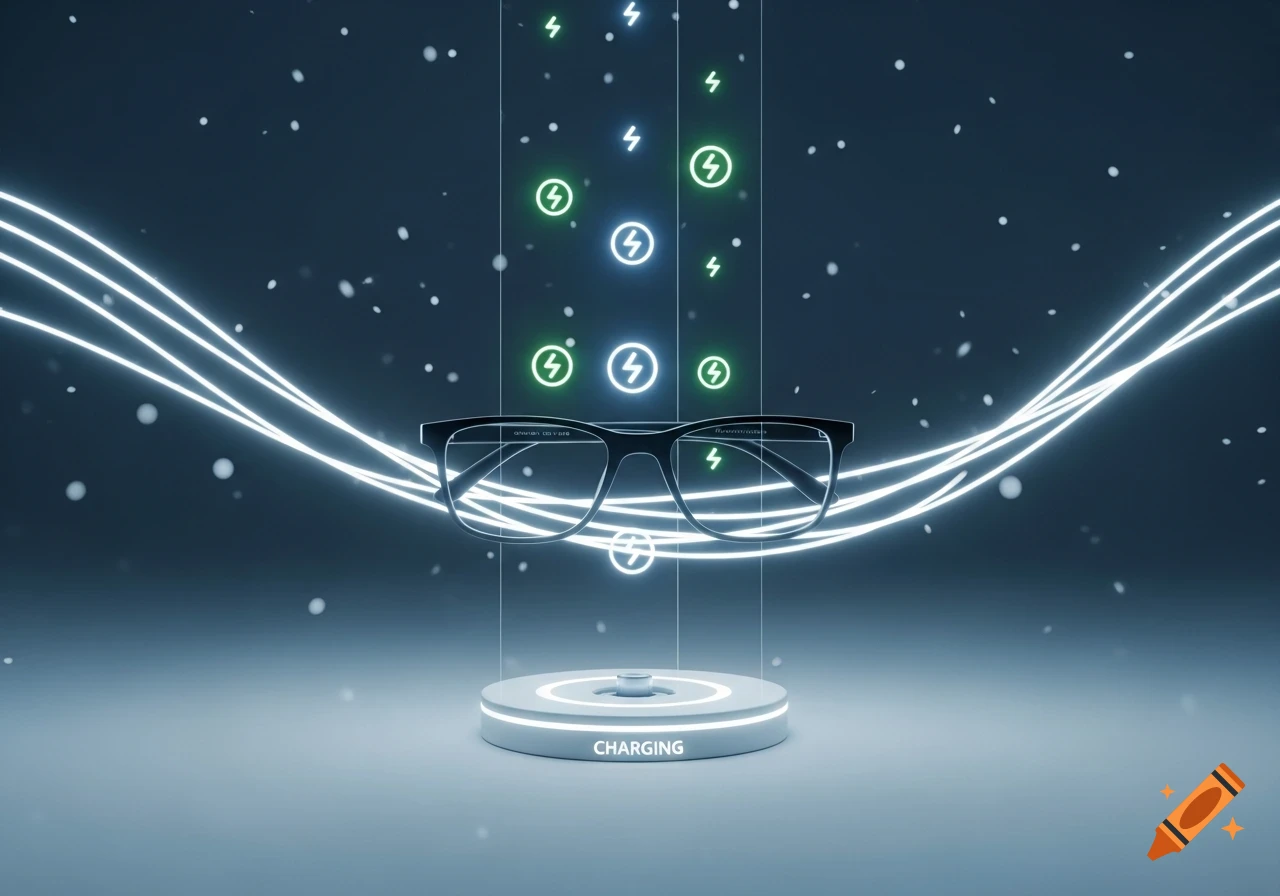 Futuristic black-rimmed glasses wirelessly charging on a glowing pedestal amidst blue light trails and green lightning symbols.