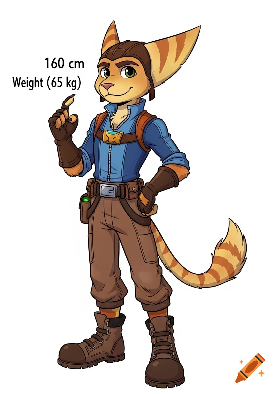 Cartoon Ratchet & Clank style lombax character, wearing blue and brown, with height 160cm and weight 65kg text.