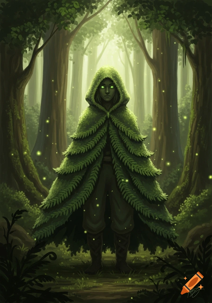 A mysterious cloaked figure with glowing green eyes, dressed in a ...