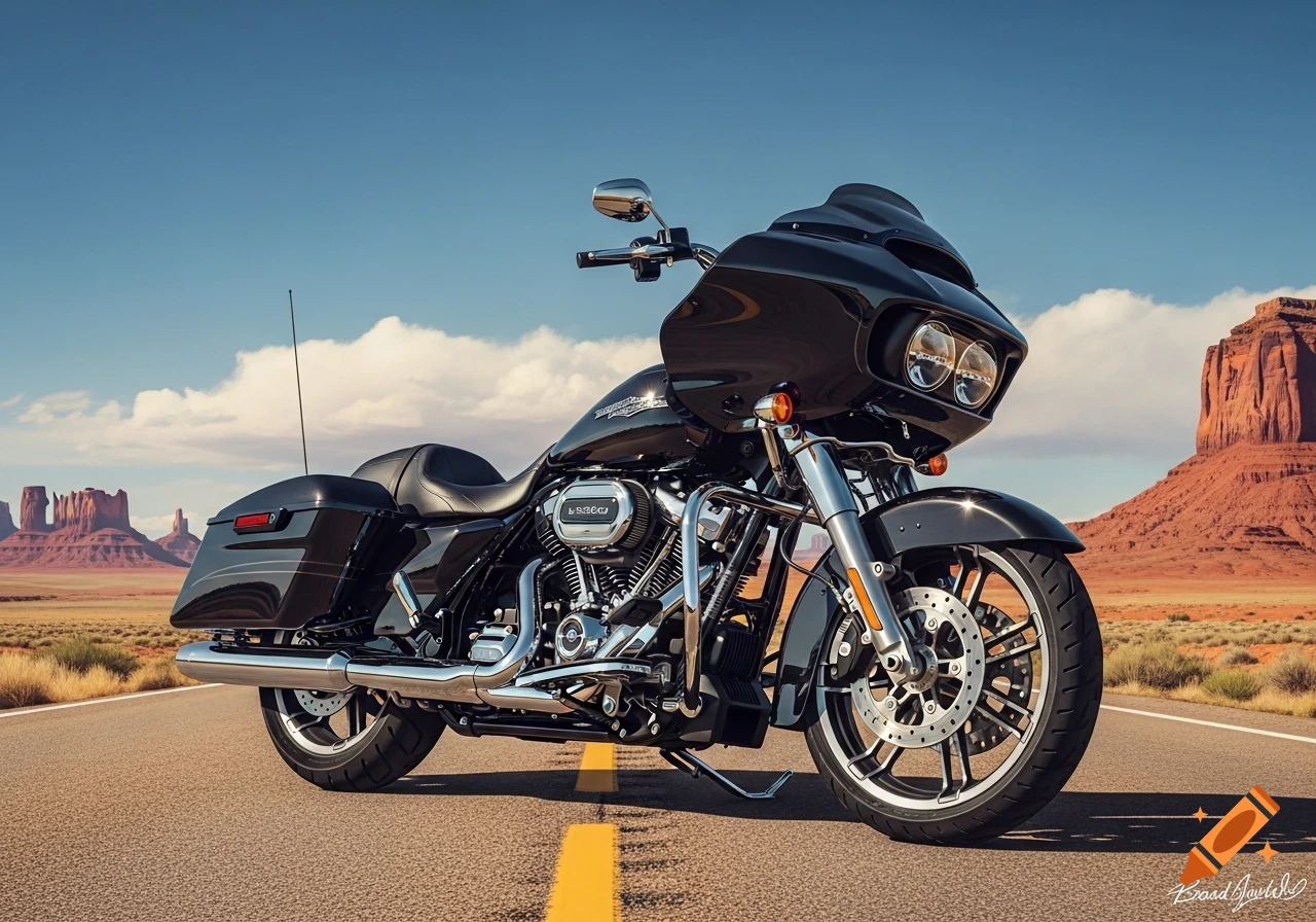 A black Harley Davidson Road Glide motorcycle parked on an asphalt road in a vast desert landscape with red rock formations under a clear blue sky, photorealistic.