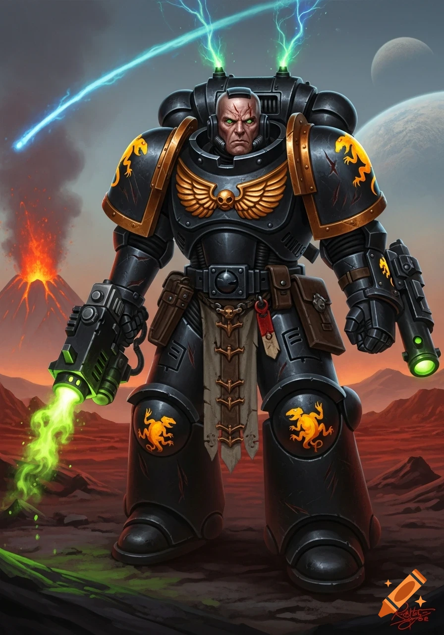 A detailed illustration of a Space Marine in black and gold power armor, holding energy weapons on a volcanic alien planet with other celestial bodies in the sky.