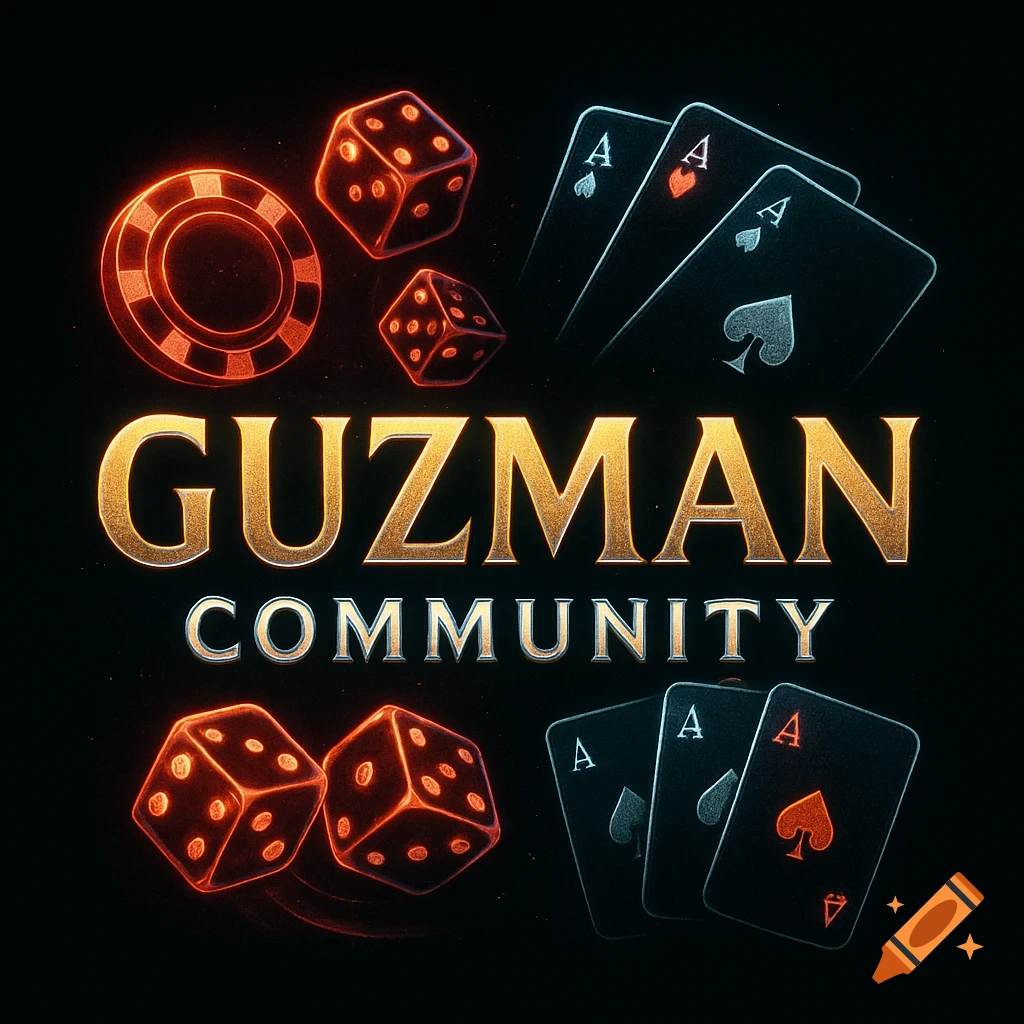 Guzman Community logo with gold and silver text, glowing red dice, a poker chip, and black playing cards with aces on a black background.