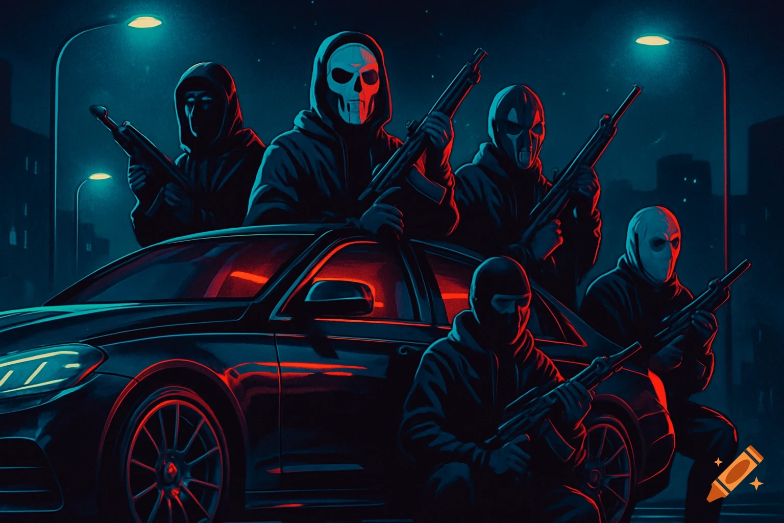 Five masked figures, some with skull masks, holding guns around a dark car at night, illuminated by neon red and blue light. Stylized illustration.