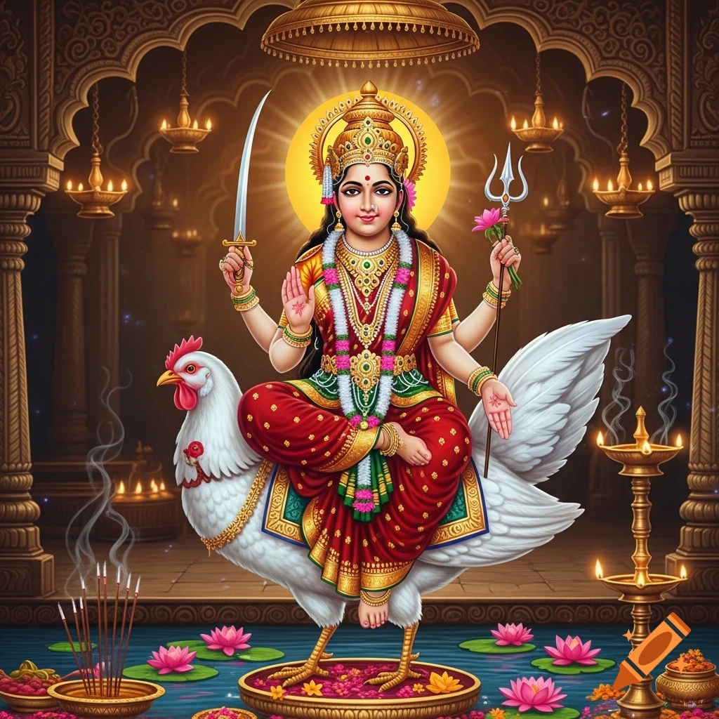 Hindu Goddess Bahuchara Mata, adorned in red and gold, sits on a large white rooster in a temple-like setting, holding a sword, trident, and lotus.