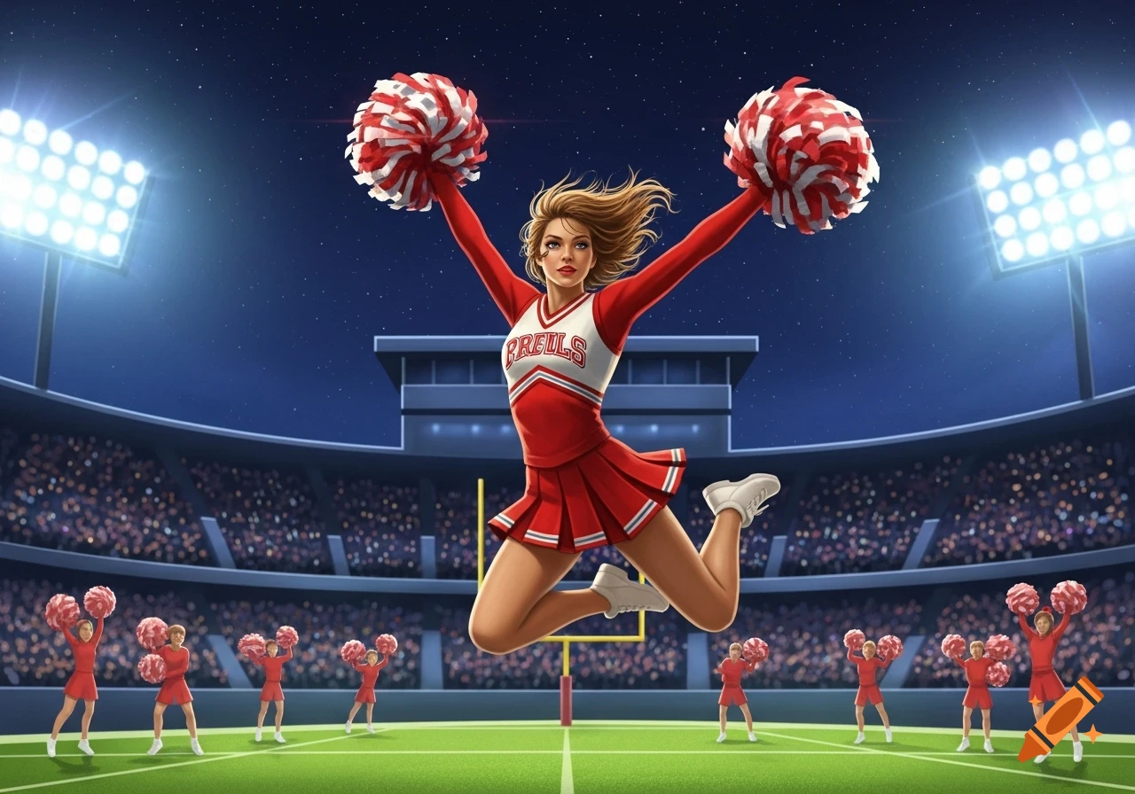 A cheerleader in a red uniform with pom-poms jumps in a football stadium with a crowd and bright lights, illustrated style.