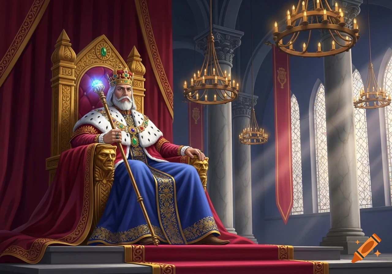 A majestic king with a crown and scepter sits on an ornate golden throne in a grand castle hall.