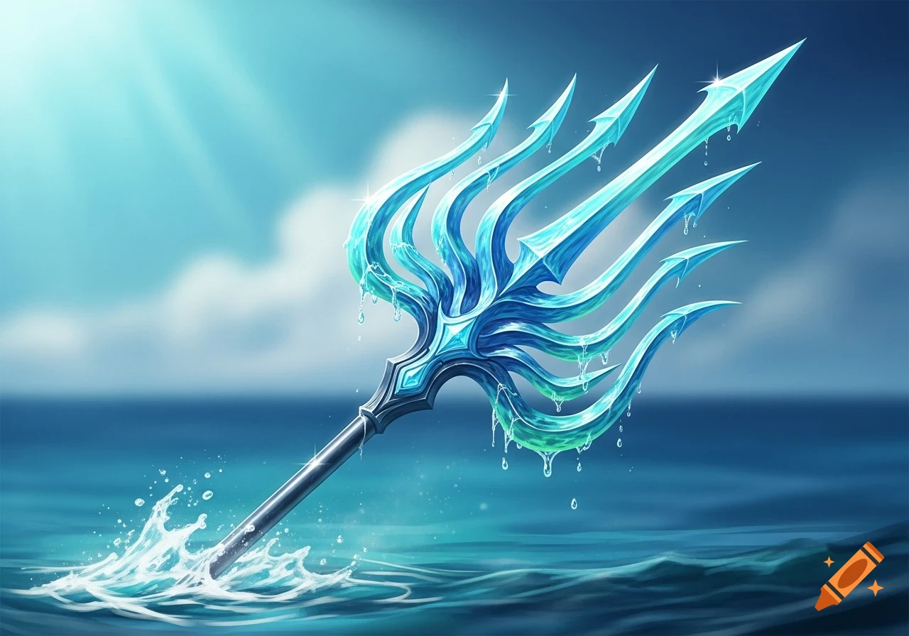 A stylized blue water and ice trident emerges from the ocean, creating splashes under a bright sky.