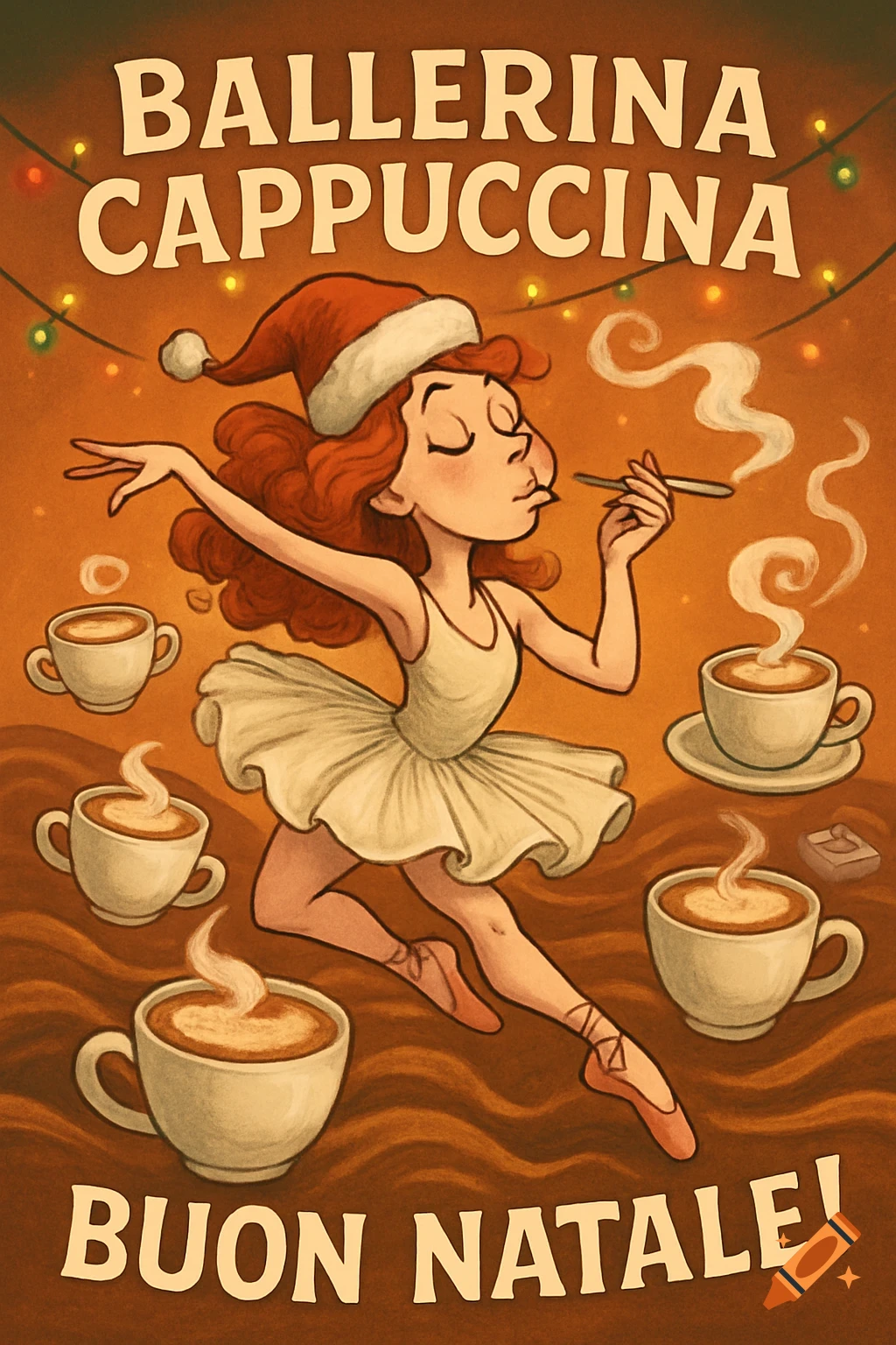 Cartoon illustration of a ballerina in a Santa hat, tutu, and pointe shoes, smoking, surrounded by steaming cappuccinos and Christmas lights. Text says 'Ballerina Cappuccina Buon Natale!'.