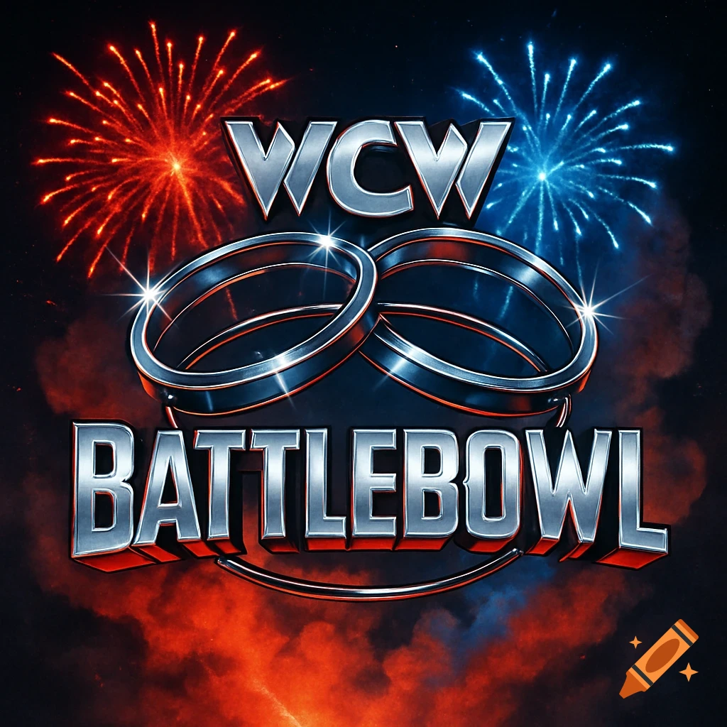 WCW BattleBowl logo featuring interlocking silver rings, red and blue fireworks, and smoke against a dark background.