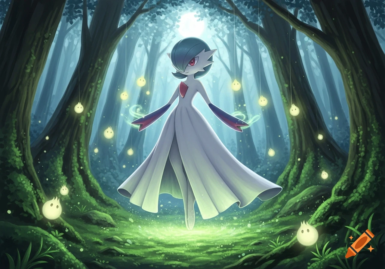 Gardevoir from Pokemon floats in a mystical forest surrounded by ...