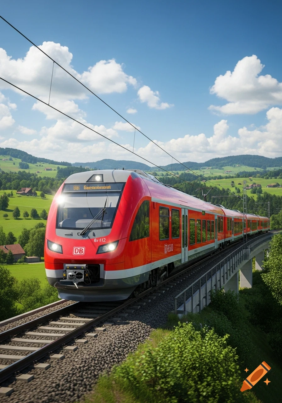 A red and white DB Regio train travels on a bridge through a lush green valley under a blue sky with white clouds.