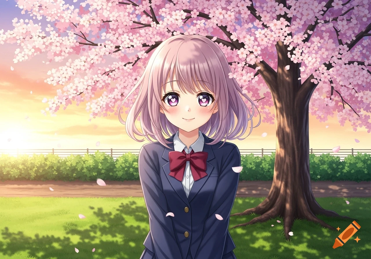 Smiling anime girl with heart-shaped eyes in a school uniform under a cherry blossom tree at sunset.