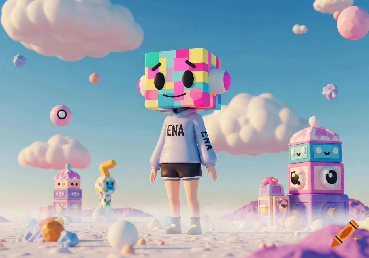 A colorful 3D rendered character with a block head and 'ENA' on their sweatshirt stands in a whimsical landscape with pink clouds.