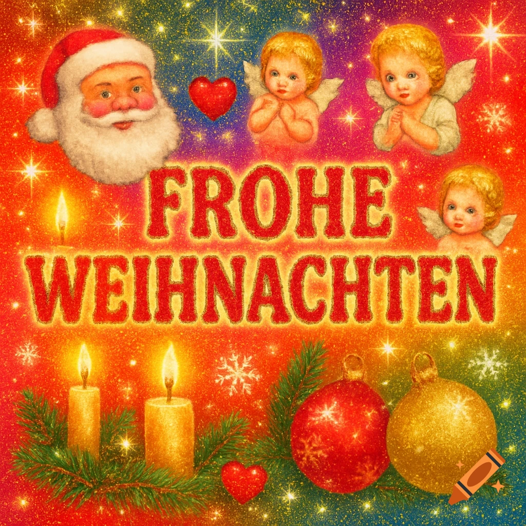 Kitschy Christmas greeting with Santa, angels, candles, ornaments, and 'FROHE WEIHNACHTEN' text on a glittery, gradient background.